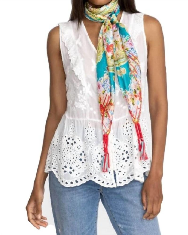 Front of a model wearing a size one-size-fits-all Rivoray Scarf In Multi in Multi by Johnny Was. | dia_product_style_image_id:355284